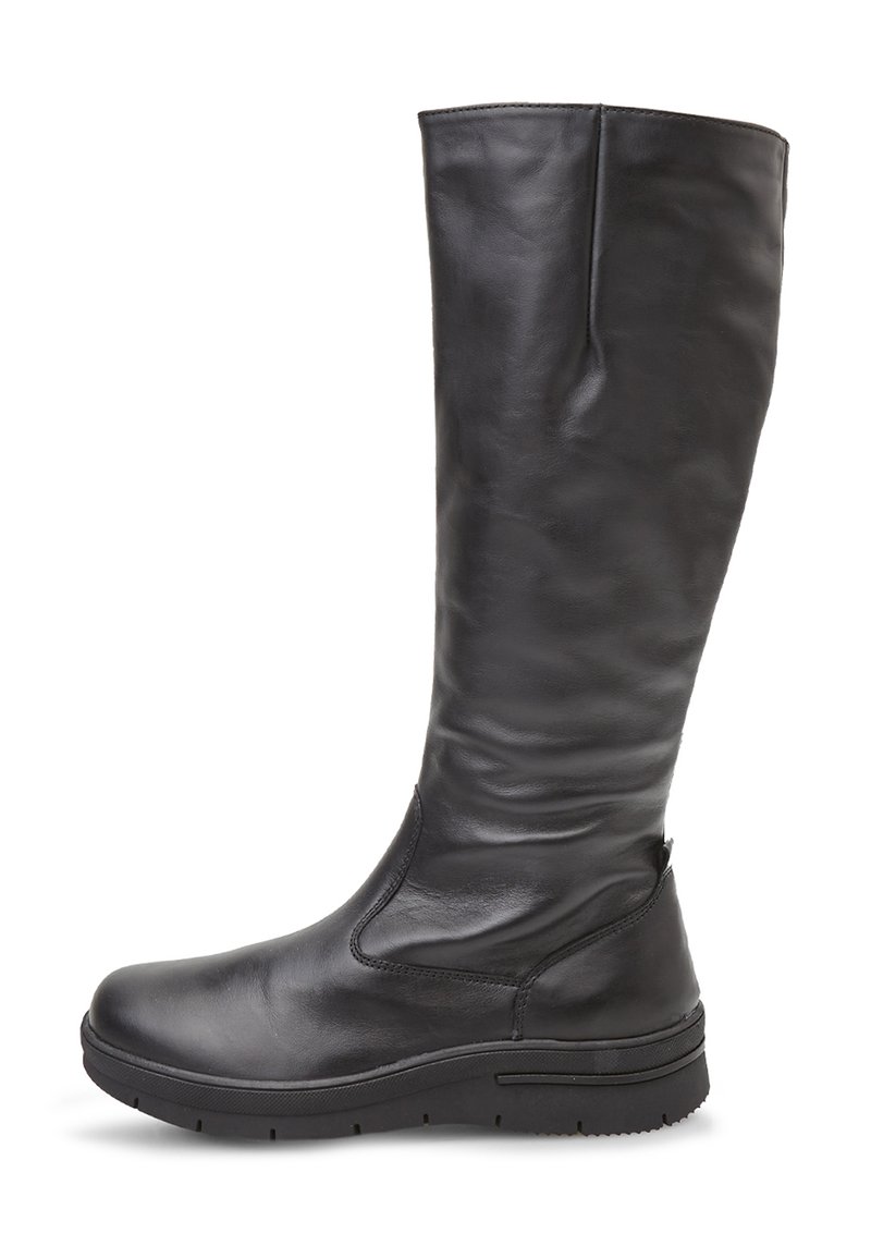 Fekete bőr, térd fölé érő csizmák sima textúrával, rugalmas oldalsó panelekkel és vastag gumitalppal a fokozott tapadás és kényelmes viselet érdekében.