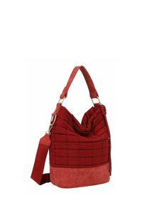Rode gewatteerde stoffen handtas met brede handgreep en verstelbare riem, voorzien van goudkleurige details en een suède-achtig onderste paneel.