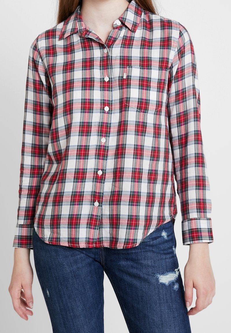 Camicia a scacchi rossa e bianca con colletto, dotata di taschino sul petto e maniche lunghe, abbinata a jeans scuri strappati.