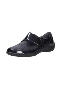 Scarpe slip-on nere con un upper sintetico lucido e dettagli testurizzati, una fascia regolabile con velcro e una suola in gomma flessibile.