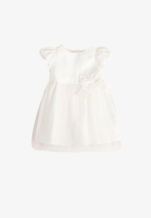 Weißes Babykleid mit Puffärmeln, gerafftem Rock und großer Schleife in der Taille, aus transparenten und Satinstoffen gefertigt.