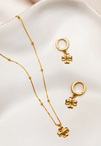 Ensemble de bijoux en or comprenant un collier et des boucles d'oreilles assorties. Le collier est doté d'une chaîne délicate avec un charm floral ; les boucles d'oreilles sont de style créole avec un charm similaire.