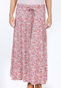 Floral Maxi-Rock aus leichtem Stoff, mit einem Kordelzugbund, pinken, roten und gelben Blumen auf einem helllila Hintergrund.