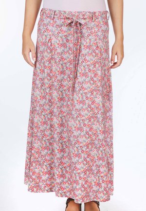 Floral maxi skirt in lightweight fabric, featuring a drawstring waistband, pink, red, yellow flowers on a light purple background.