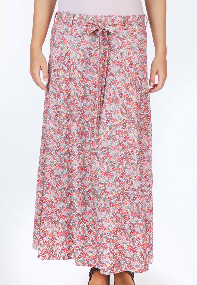 Floral Maxi-Rock aus leichtem Stoff, mit einem Kordelzugbund, pinken, roten und gelben Blumen auf einem helllila Hintergrund.