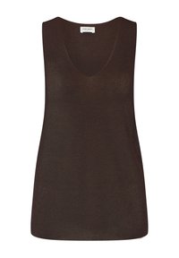 Mörkbrun, ärmlös tröja med V-hals, gjord av ribbad stickad tyg. Har en lös passform och subtil textur genom hela plagget.