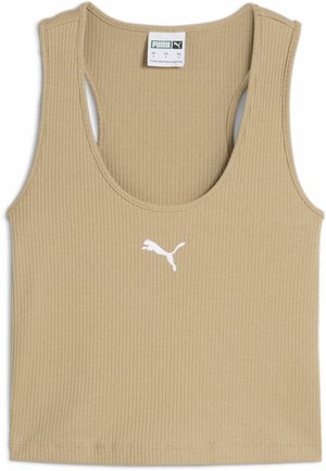 Ribbet beige tanktop med en rund udskæring og udsnit bagpå. Har et hvidt Puma-logo på brystet. Lavet af blødt materiale.