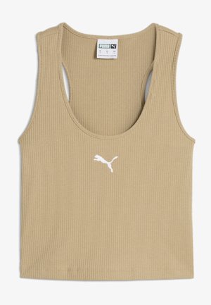 Ribota smėlio spalvos marškinėlių su apvalia iškirpte ir išpjauta nugarine dalimi. Ant krūtinės puikuojasi balta Puma logotipas. Pagaminti iš minkštos medžiagos.