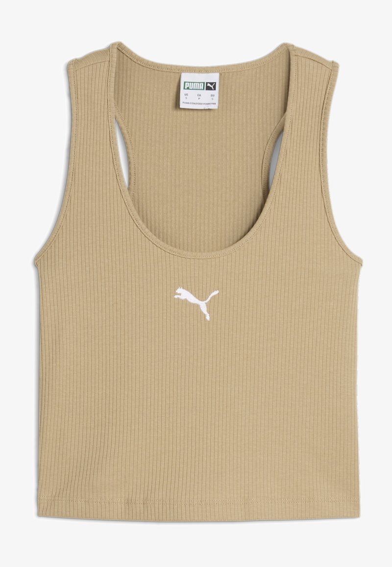 Ribbed beige tank top with a scoop neckline and cut-out back. Features a white Puma logo on the chest. Made from soft fabric.