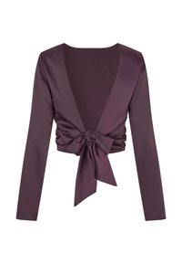 Long-sleeve, deep V-neck top in rich plum satin with a front knot detail and a fitted silhouette, showcasing smooth texture and elegant shape.