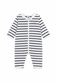 Ριγωτό βρεφικό φορμάκι σε λευκό και ναυτικό μπλε, με μακριά μανίκια, στρογγυλό γιακά, κούμπωμα με τρουκ στο μπροστινό μέρος και λεπτομέρεια με το κείμενο "JE T'AIME".