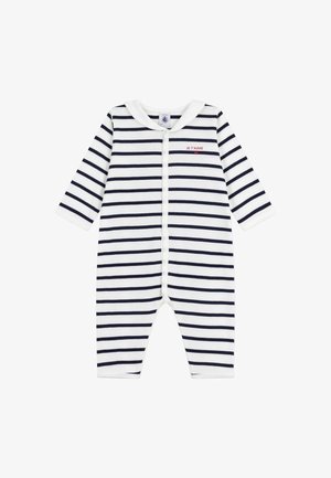 Baltos ir tamsiai mėlynos dryžuotos kūdikio body, turinčios ilgus rankovius, apvalų kakliuką, priekinį spaudžiamą užsegimą ir užrašą „JE T'AIME“.