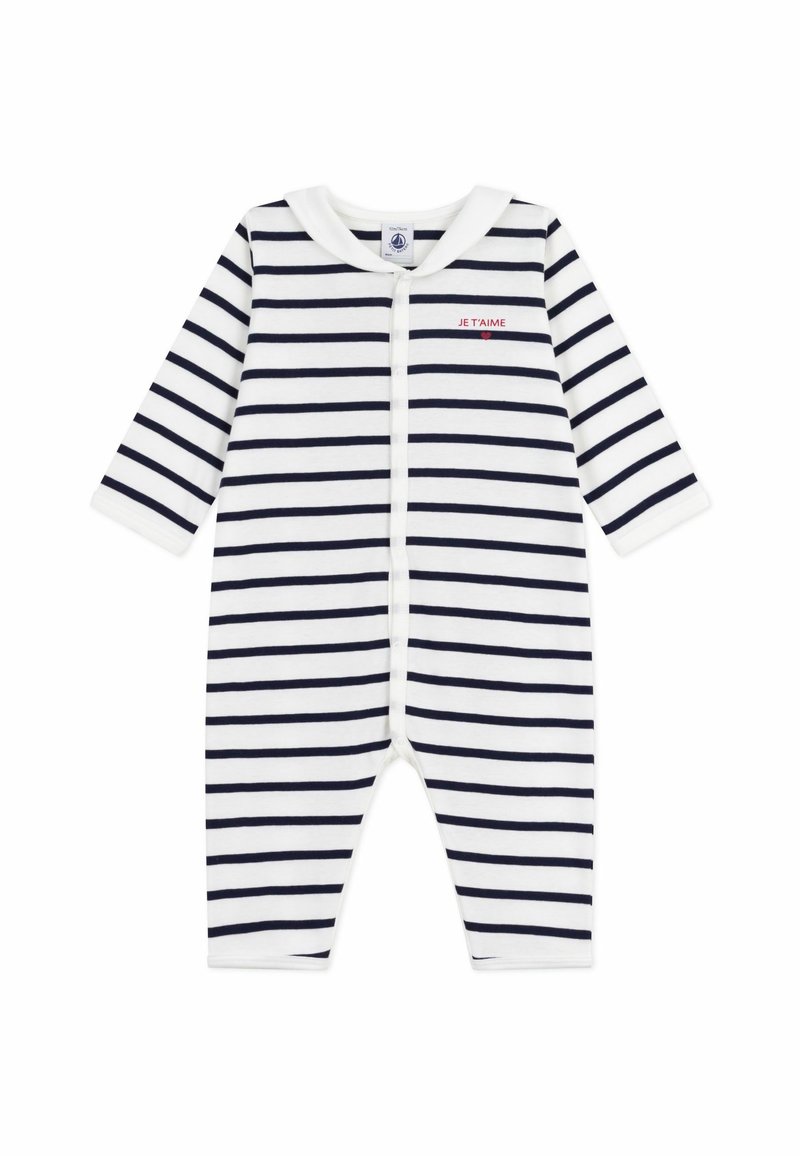 Ριγωτό βρεφικό φορμάκι σε λευκό και ναυτικό μπλε, με μακριά μανίκια, στρογγυλό γιακά, κούμπωμα με τρουκ στο μπροστινό μέρος και λεπτομέρεια με το κείμενο "JE T'AIME".
