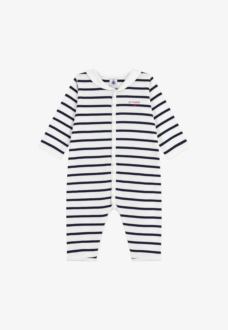 Ριγωτό βρεφικό φορμάκι σε λευκό και ναυτικό μπλε, με μακριά μανίκια, στρογγυλό γιακά, κούμπωμα με τρουκ στο μπροστινό μέρος και λεπτομέρεια με το κείμενο "JE T'AIME".