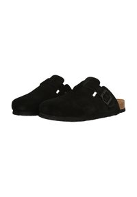 Svarta mocka slip-on skor med kork-sula, som har en sidobuckles och två sidoklipp för andningsförmåga. Slät yta, ergonomisk form.