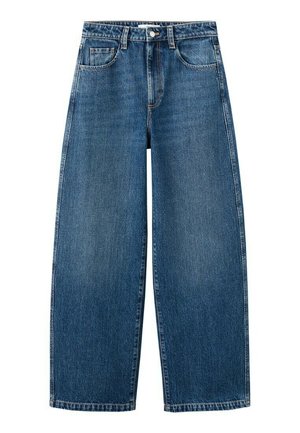 Vaqueros azules de talle alto con pierna ancha, cierre frontal de botones y cremallera, trabillas para cinturón y dos bolsillos delanteros.