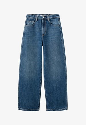 Blue high-waist wide-leg jeans with front button and zip closure, belt loops, and two front pockets.