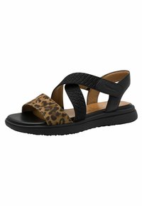 Crne sandale sa leopard uzorkom koje imaju preklopne elastične trake, ravni đon i podstavljenu unutrašnjost za udobnost.