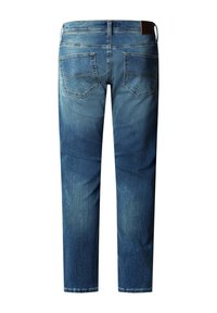 Modré riflové nohavice s dvoma zadnými vreckami, očkami na opasok a vyblednutými detailmi, zobrazené zozadu na bielom pozadí.