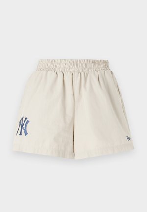 Beigi kokvilnas šorti ar elastīgu jostu, ar tumši zilu izšūtu NY logo kreisajā pusē un mazu tumši zilu logo uz apakšmalas.