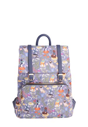Backpack with a purple floral pattern featuring various animals; made of material with a smooth texture; includes two adjustable straps and a front zipper.