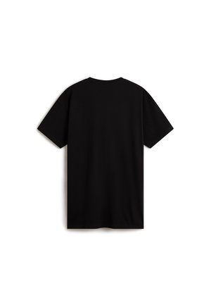 Prosty czarny T-shirt z krótkim rękawem przedstawiony od tyłu na białym tle.