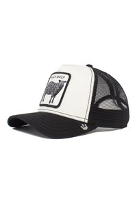 Cappellino trucker in rete nera con pannello frontale bianco, featuring un grafico di una pecora nera e il testo "BLACK SHEEP". Visiera curva nera e cinturino posteriore regolabile.