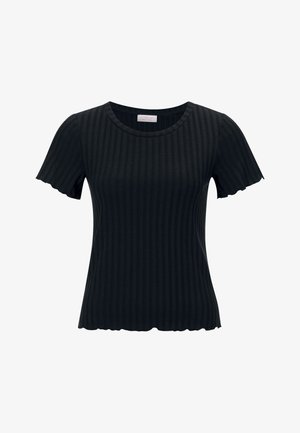 T-shirt nera a costine con maniche corte arricciate, scollatura rotonda e orlo leggermente svasato. Il tessuto testurizzato aggiunge profondità al design.