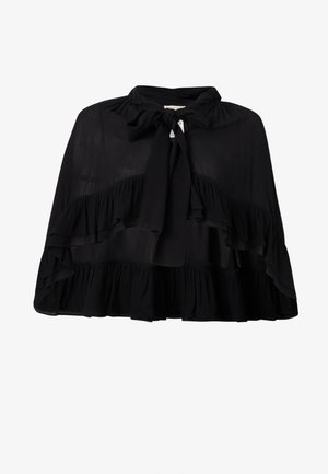 Schwarzer durchsichtiger Umhang mit gerafften Lagen und Schleifenverschluss am Halsausschnitt, entworfen für eine lockere, fließende Passform.