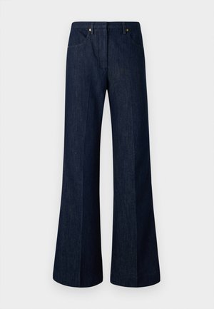 Dark blue denim flared jeans with a high waist, front pockets, and gold-tone hardware accents. Smooth texture and wide leg design.