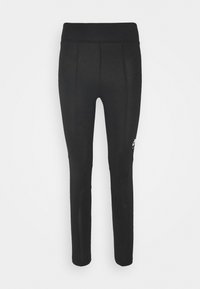 Svarta kroppsnära träningsleggings med hög midja och subtila sömmar, med en liten vit logotyp på övre låret.