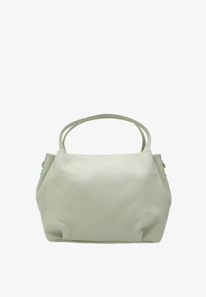 Borsa a mano in pelle verde chiaro con una finitura morbida e testurizzata, dotata di due manici corti e una forma arrotondata. Decorata con dettagli blu.