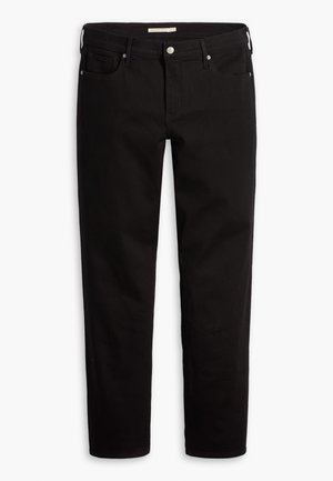 Svarte denimjeans med rett passform, fem lommer og sølvdetaljer. Glatt tekstur, minimalistisk design og ren silhuett.
