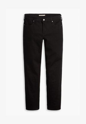 Schwarze Jeans aus Denim mit geradem Bein, fünf Taschen und silbernen Details. Glatte Textur, minimalistisches Design und saubere Silhouette.