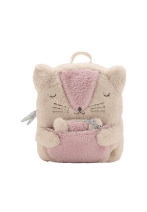 Plush kattformad ryggsäck i krämfärgad och rosa med en mjuk textur, broderade ansiktsdetaljer och blommiga accenter på sidorna.