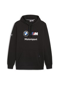 Black hoodie with a front pocket, featuring white "BMW Motorsport" text and logos in blue, white, and red. Made from soft fabric.