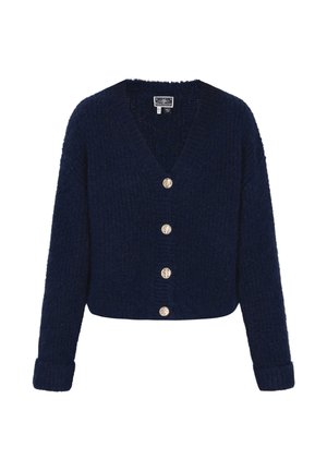 Navy knitted cardigan with a V-neck, featuring five gold buttons, long sleeves, and a cropped design. Soft texture with a ribbed pattern.