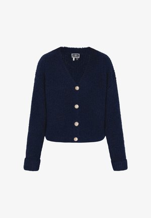 Navy knitted cardigan with a V-neck, featuring five gold buttons, long sleeves, and a cropped design. Soft texture with a ribbed pattern.