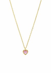 Gouden kettinghalsketting met een hartvormige roze steen hanger met een gedetailleerde zetting. De ketting heeft vergrendelende schakels.