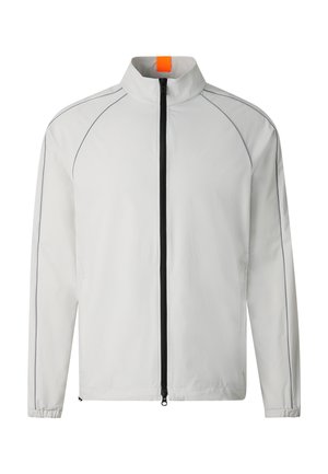 Light gray zip-up jacket with high collar, black zipper, elastic cuffs, and subtle seam detailing on sleeves and shoulders.