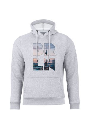 Gray hoodie featuring "BRLN" in bold letters with an image of Berlin's skyline, including the TV Tower, printed within the letters.