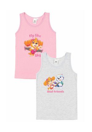 Zwei Kinder-Trägertops; pink mit einem fliegenden Hund und dem Schriftzug "Fly like Sky", grau mit zwei Hunden und dem Schriftzug "Best Friends".