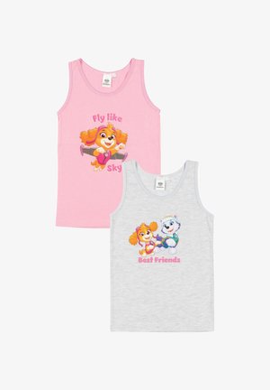 Due canottiere per bambini; rosa con un cane volante e la scritta "Fly like Sky", grigia con due cani e la scritta "Best Friends".
