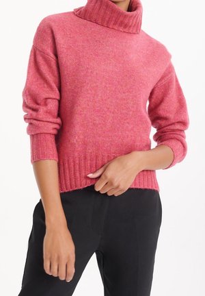 Persona que lleva un suéter de cuello alto rosa con las mangas remangadas y pantalones negros, posando con una mano cerca de la cintura.