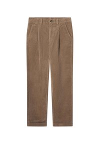 Hnedé kordové nohavice s voľným strihom, dvoma prednými vreckami, zapínaním na gombík a viditeľnou rebrovou textúrou po celom povrchu.