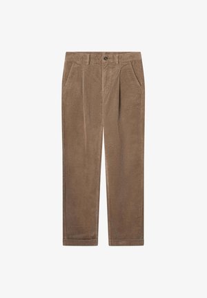 Pantalons en velours côtelé marron avec une coupe décontractée, deux poches avant, une fermeture à bouton et une texture côtelée visible sur toute la surface.