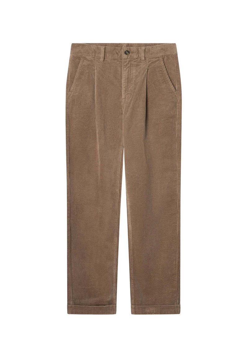 Hnedé kordové nohavice s voľným strihom, dvoma prednými vreckami, zapínaním na gombík a viditeľnou rebrovou textúrou po celom povrchu.