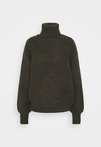 Maglione lavorato a maglia verde scuro con colletto alto, tessitura a coste, maniche lunghe e vestibilità comoda. Motivo distintivo lungo il corpo.