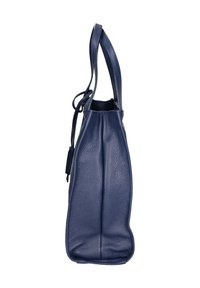 Donkerblauwe leren tassetas met een gestructureerde vorm, twee schouderriemen en een gestructureerde afwerking. Heeft een minimalistisch ontwerp zonder zichtbare hardware.