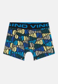 Boxershorts in Blau, Schwarz und Gelb mit einem geometrischen Druck, der das Wort "VINO" zeigt. Elastischer Bund mit einem blauen Logodetail.